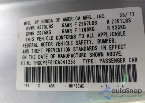 2012 Honda Accord 3.5 Ex-L from USA, damaged, VIN 1HGCP3F81CA041258
